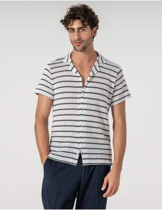 CAMISA HAVAIANA CROCHET BRANCA RISCA AZUL