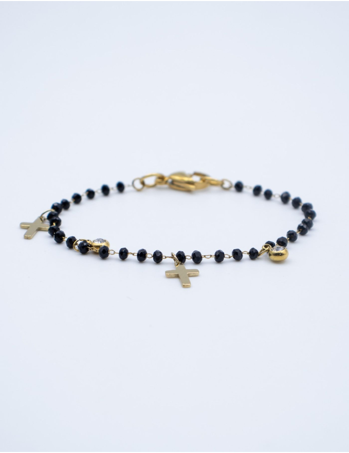 PULSEIRA PRETA COM CRUZES DOURADAS