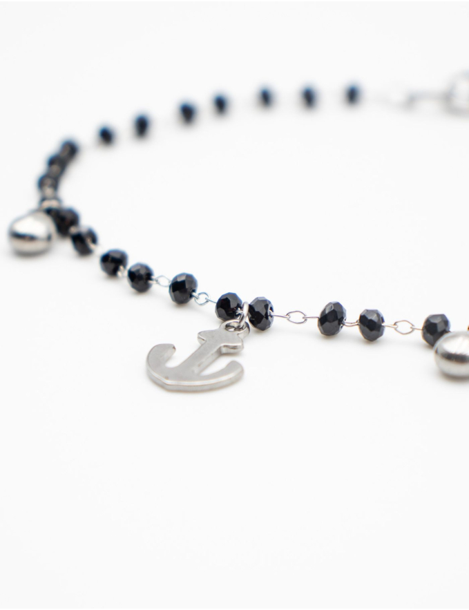 PULSEIRA PRETA COM ÂNCORA PRATEADA