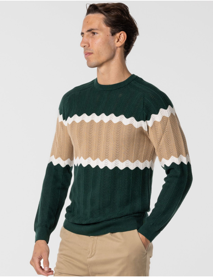 CAMISOLA TRICOTADA VERDE ROYAL E BEGE