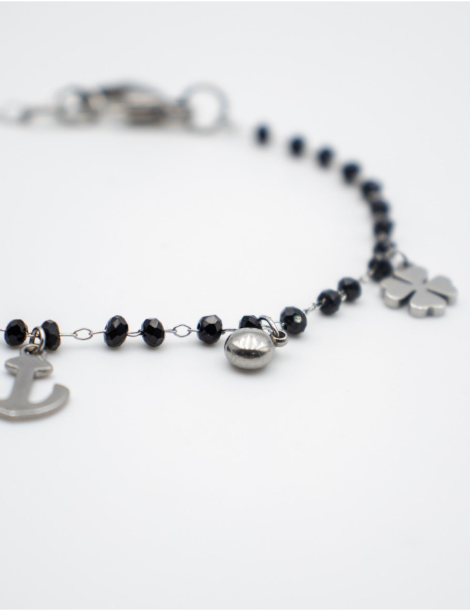 PULSEIRA PRETA COM ÂNCORA PRATEADA