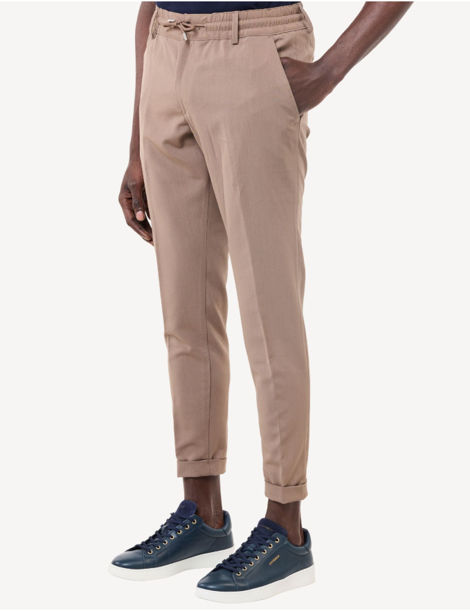 CALÇA DE TECIDO COM CORDÃO CROPPED FIT BEGE ESCURO