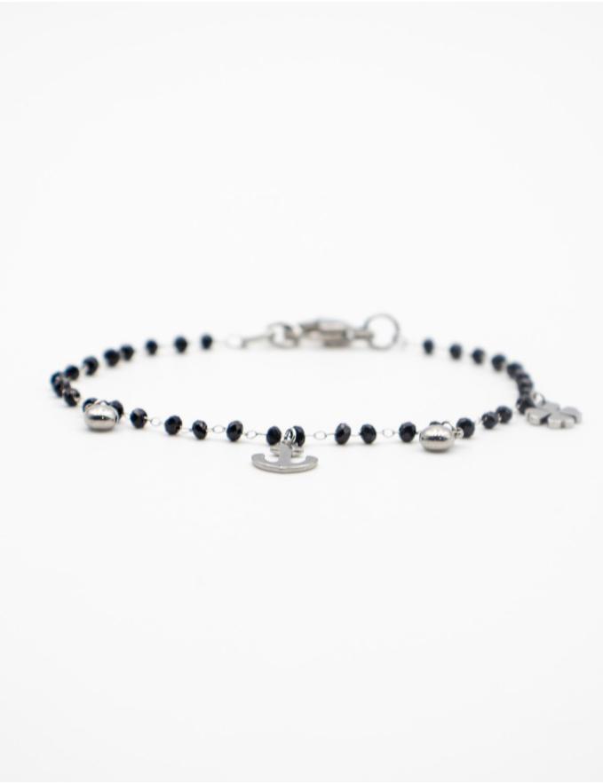 PULSEIRA PRETA COM ÂNCORA PRATEADA