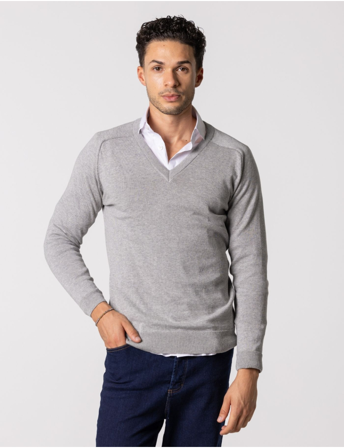 CAMISOLA DE MALHA DECOTE V CINZA MESCLA