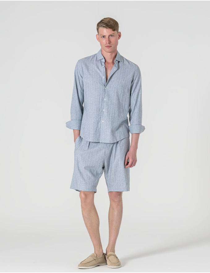 CAMISA DE LINHO AZUL C/ RISCA BRANCA