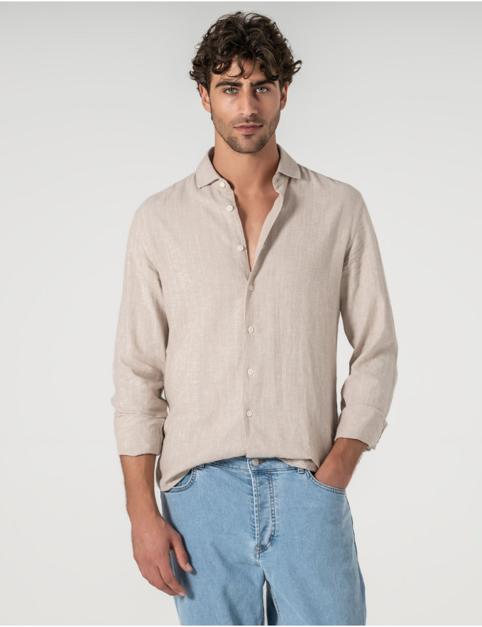 CAMISA DE LINHO BEGE C/ RISCA BRANCA