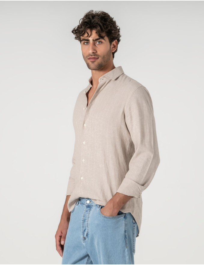 CAMISA DE LINHO BEGE C/ RISCA BRANCA