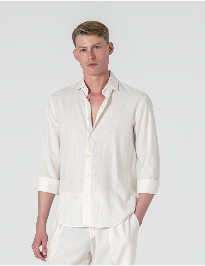 CAMISA DE LINHO BRANCA C/ RISCA BEGE