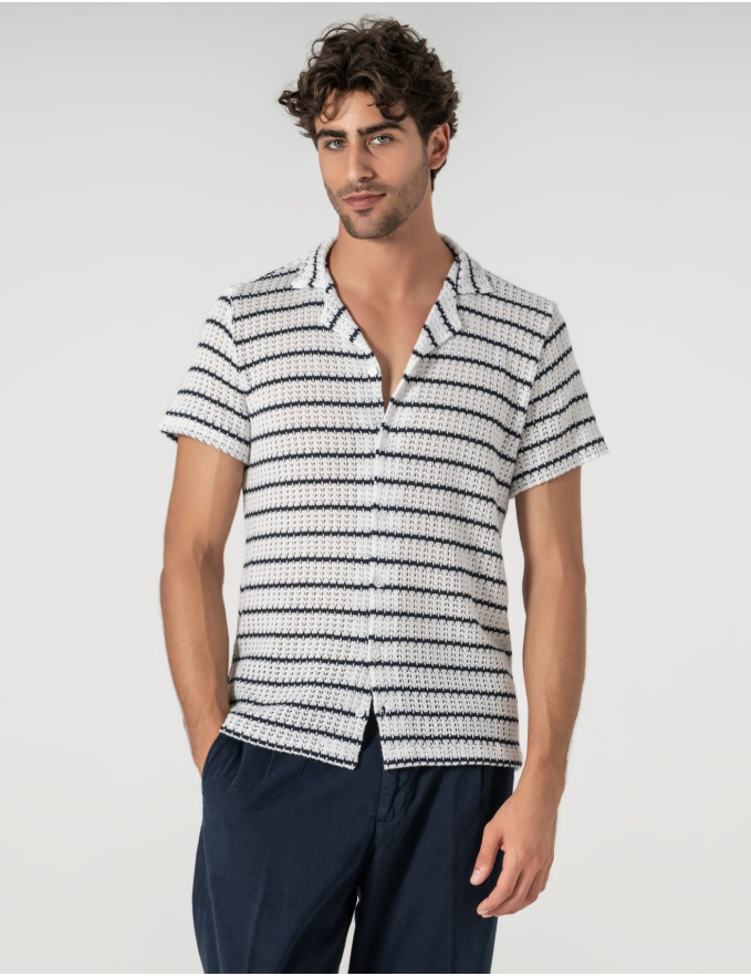 CAMISA HAVAIANA CROCHET BRANCA RISCA AZUL