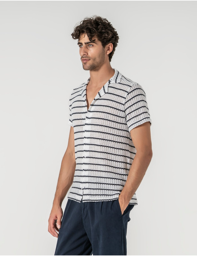 CAMISA HAVAIANA CROCHET BRANCA RISCA AZUL