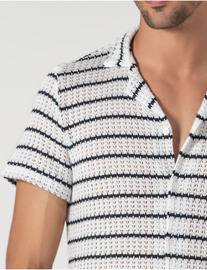 CAMISA HAVAIANA CROCHET BRANCA RISCA AZUL