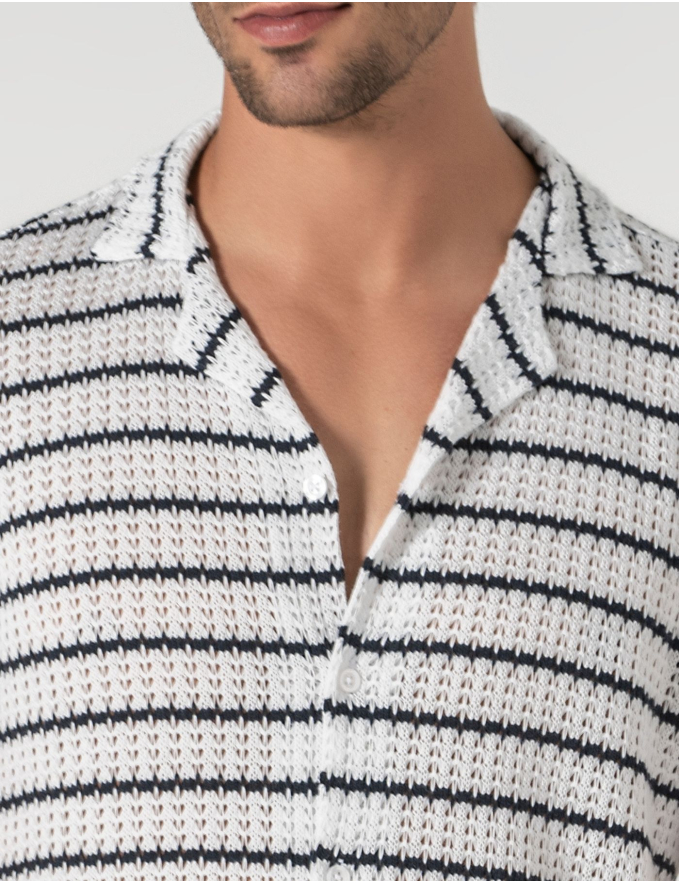 CAMISA HAVAIANA CROCHET BRANCA RISCA AZUL