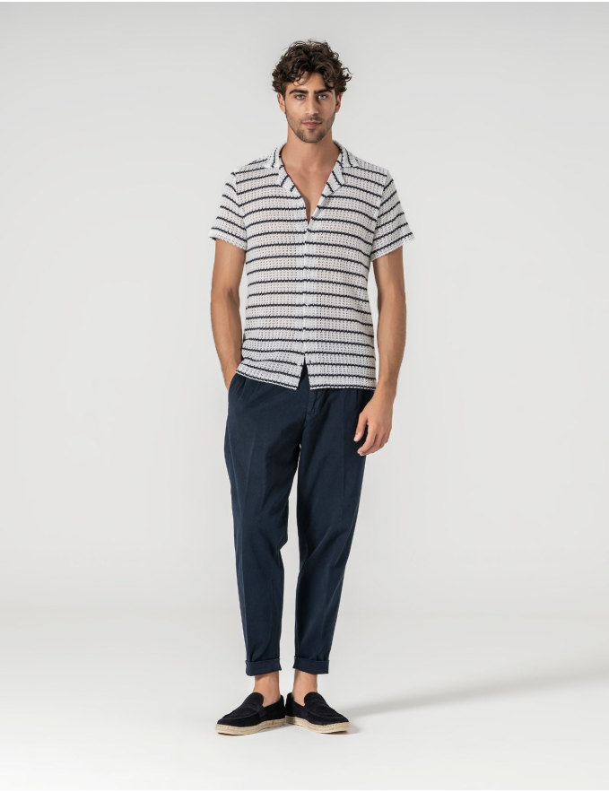 CAMISA HAVAIANA CROCHET BRANCA RISCA AZUL