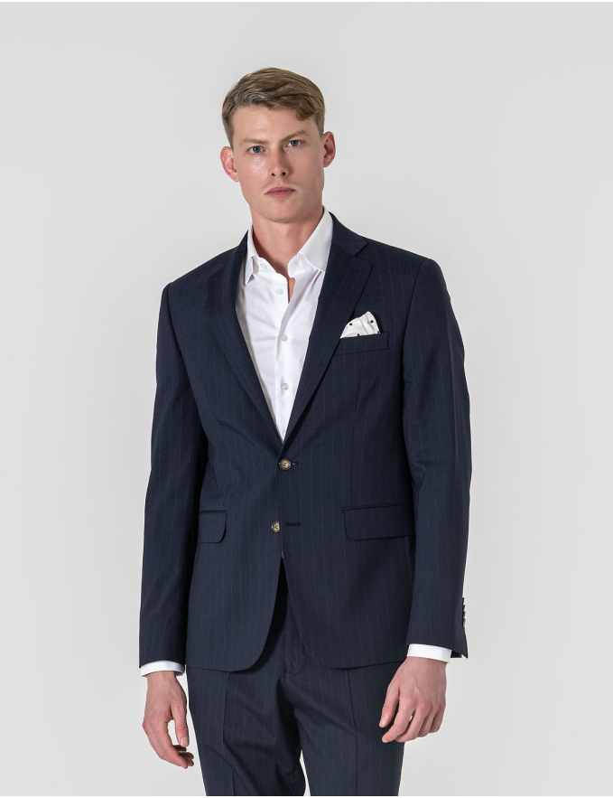 FATO SLIM FIT AZUL ALINHADO C/ RISCA DE GIZ (PICK STITCH)