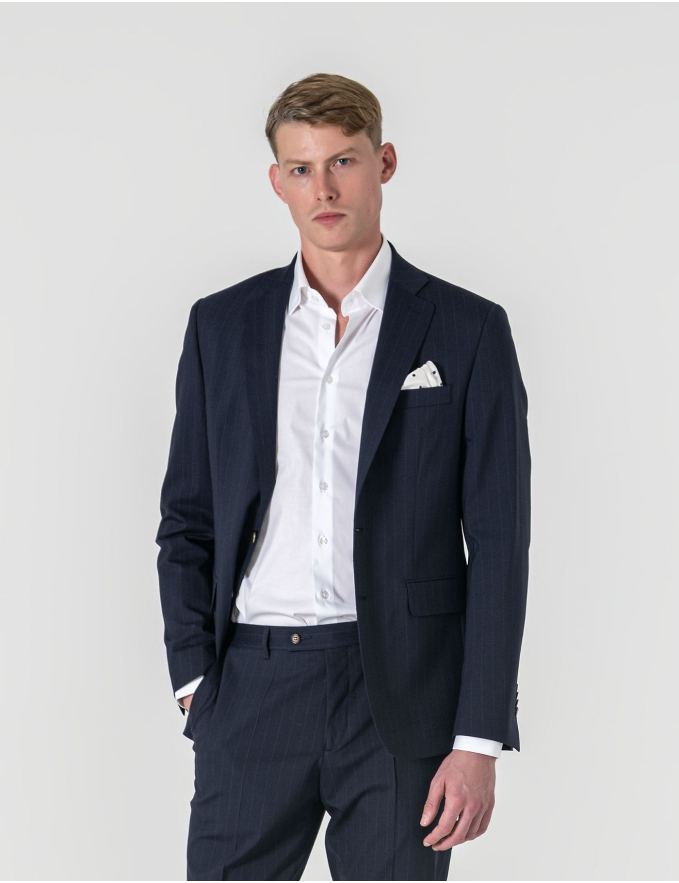 FATO SLIM FIT AZUL ALINHADO C/ RISCA DE GIZ (PICK STITCH)