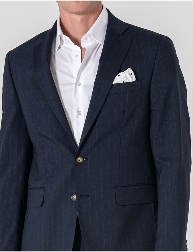 FATO SLIM FIT AZUL ALINHADO C/ RISCA DE GIZ (PICK STITCH)
