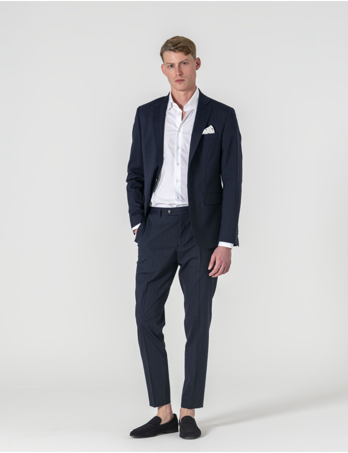 FATO SLIM FIT AZUL ALINHADO C/ RISCA DE GIZ (PICK STITCH)