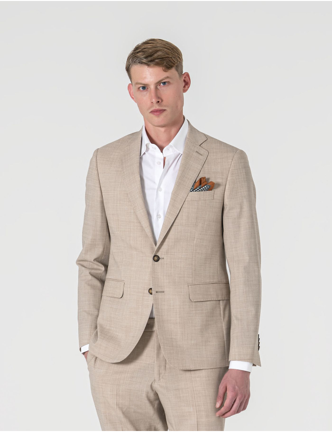 FATO SLIM FIT BEGE ALINHADO C/ RISCA DE GIZ (PICK STITCH)