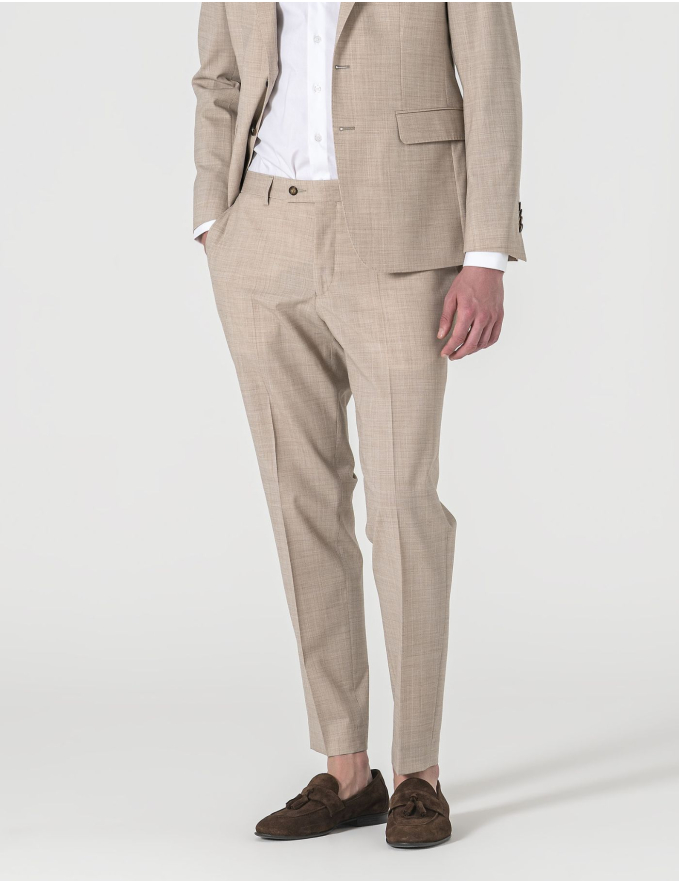 FATO SLIM FIT BEGE ALINHADO C/ RISCA DE GIZ (PICK STITCH)