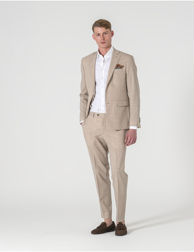 FATO SLIM FIT BEGE ALINHADO C/ RISCA DE GIZ (PICK STITCH)