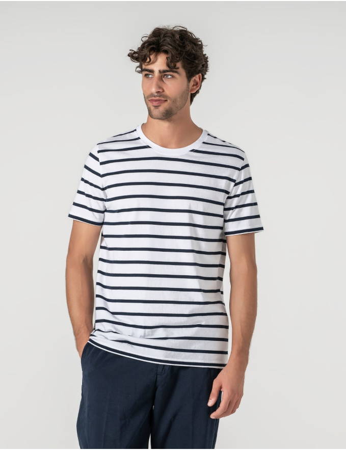 T-SHIRT ALGODÃO RISCA FINA AZUL CLARO