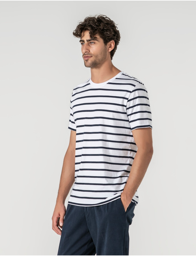 T-SHIRT ALGODÃO RISCA FINA AZUL CLARO