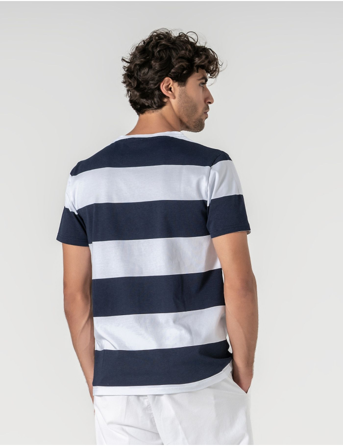 T-SHIRT ALGODÃO RISCA LARGA AZUL MARINHO