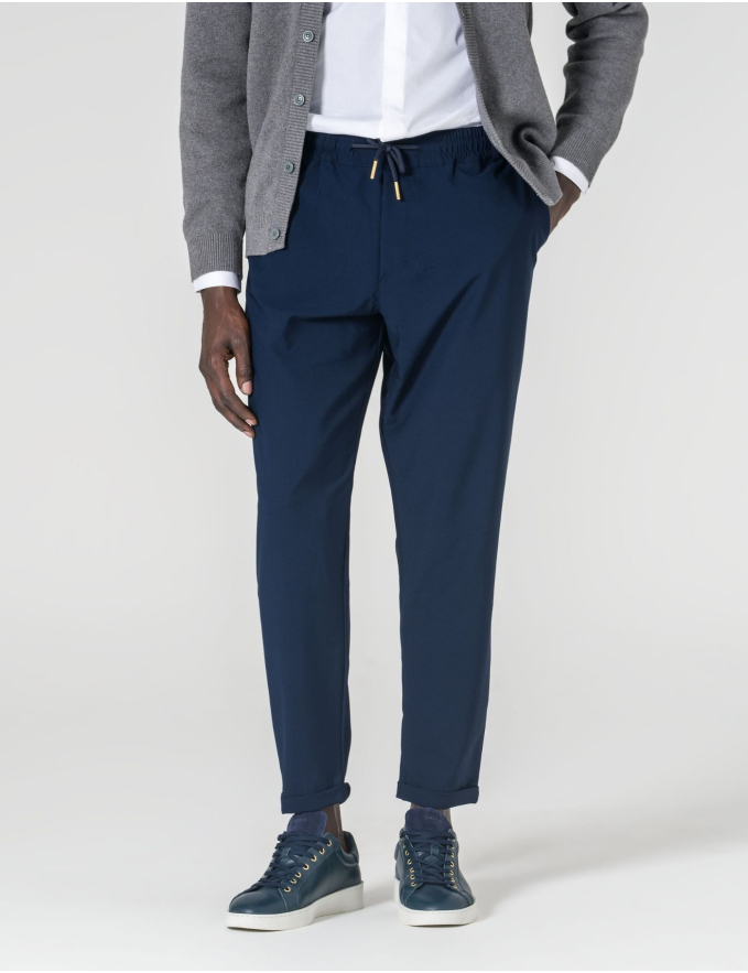 CALÇA AZUL DE TECIDO COM CORDÃO CROPPED FIT